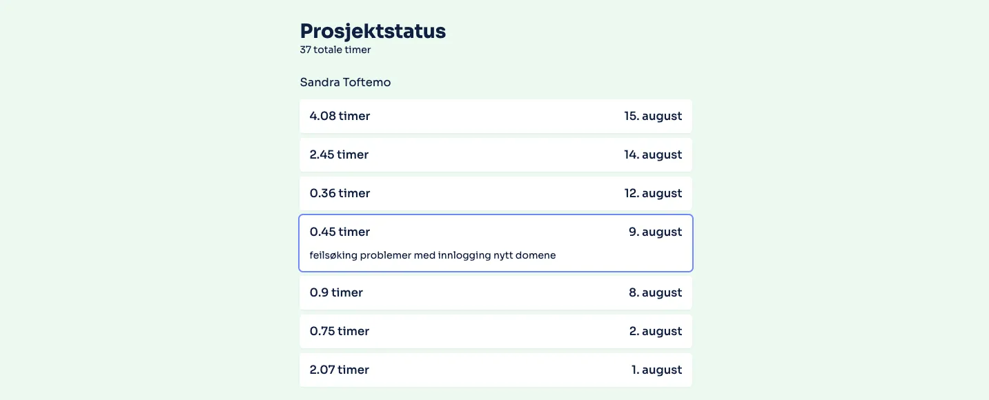 Skjermbilde av applikasjon som viser timelister